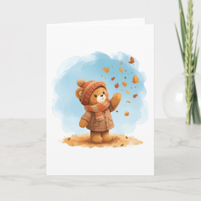 Adorable Teddy Bear Catching Autumn Leaves Card (Front)