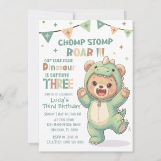 Adorable Teddy Bear Dino | Third Dinosaur Birthday Invitation