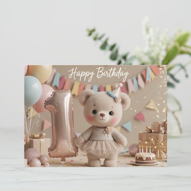 Adorable Teddy Bear First Birthday Invitation (Standing Front)
