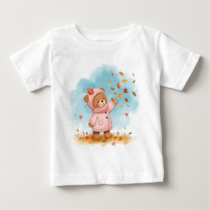 Adorable Teddy Bear Girl Catching Autumn Leaves Baby T-Shirt