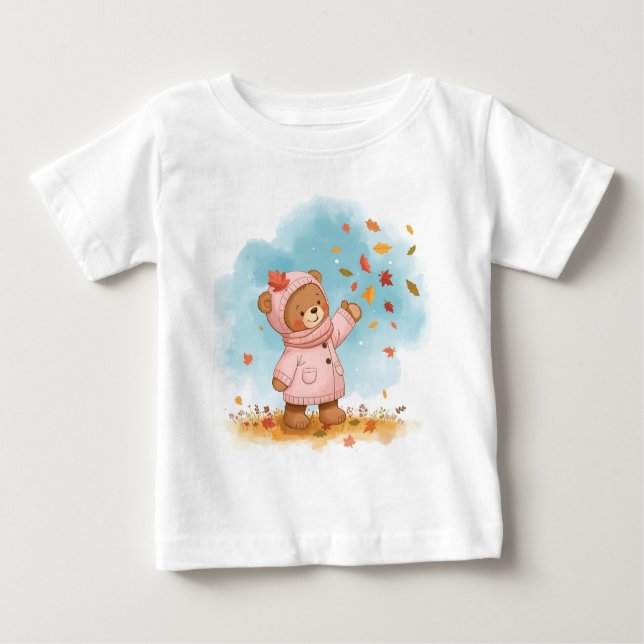 Adorable Teddy Bear Girl Catching Autumn Leaves Baby T-Shirt (Front)