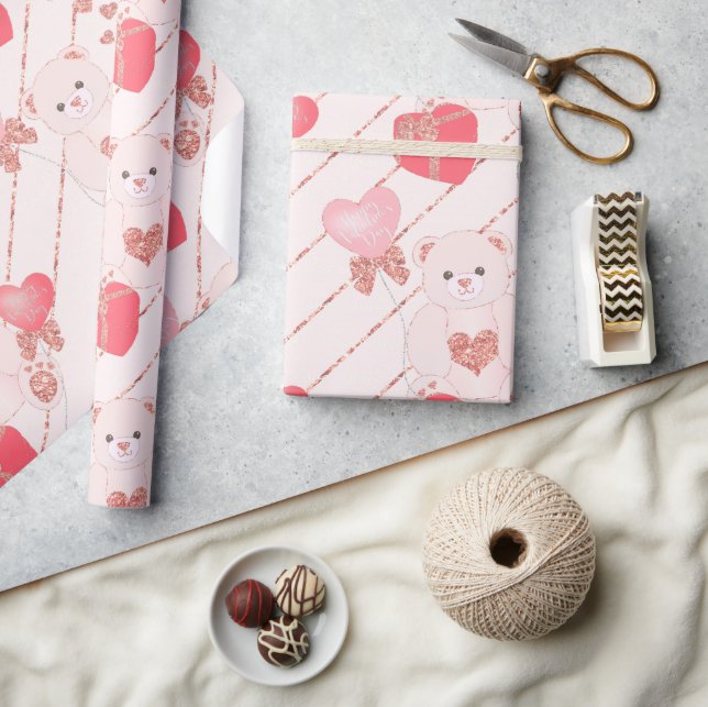 Adorable Teddy Bear Glitter Pink Hearts Valentines Wrapping Paper (Crafts)