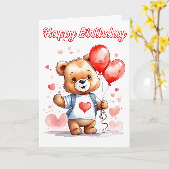 Adorable Teddy Bear Happy Birthday Card (Yellow Flower)