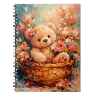 Adorable Teddy Bear in Floral Basket Impressionist Notebook