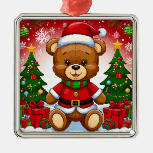 Adorable Teddy Bear in Santa Suit Metal Ornament