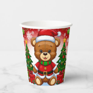 Adorable Teddy Bear in Santa Suit Paper Cups