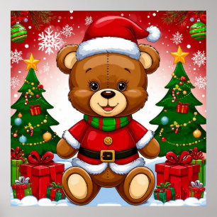 Adorable Teddy Bear in Santa Suit Poster