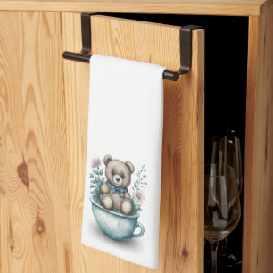 Adorable Teddy Bear in Teacup with Flowers Tea Towel