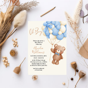 Adorable Teddy Bear Oh Boy Blue Balloon Baby Invitation
