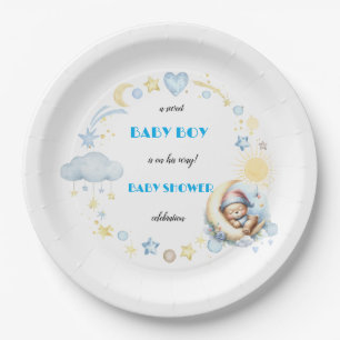 Adorable Teddy Bear on the Moon Baby Boy Shower Paper Plate