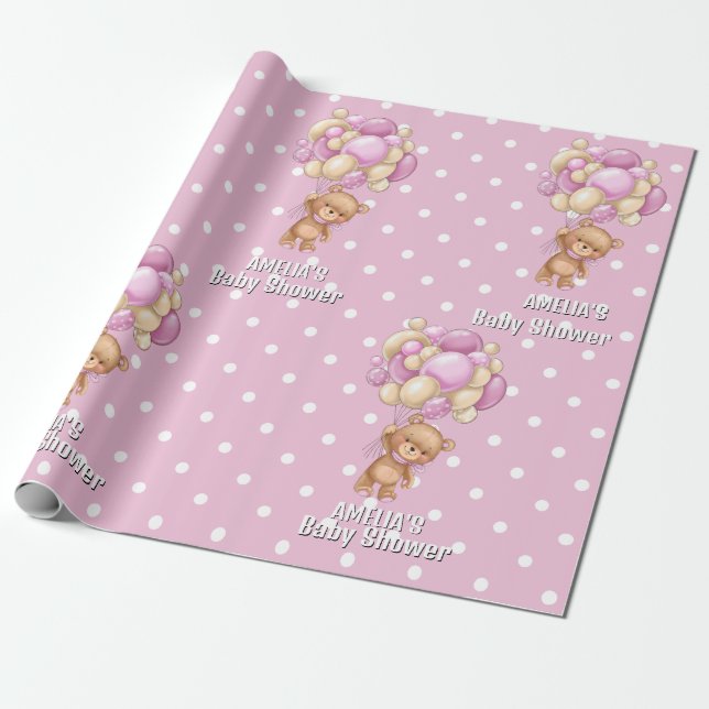  Adorable Teddy Bear Pink Baby Shower  Wrapping Paper (Unrolled)