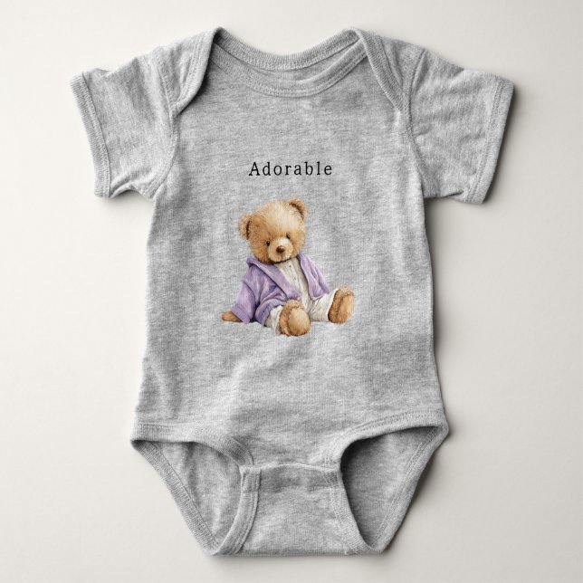 Adorable Teddy Bear Purple Jacket Baby Bodysuit (Front)