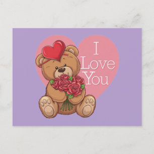 Adorable Teddy Bear Roses with 'I Love You' heart Holiday Postcard