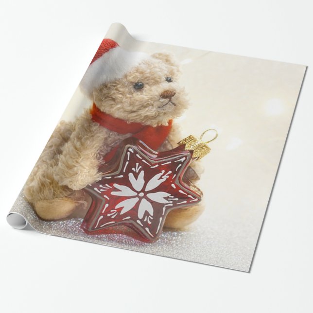 Adorable Teddy Bear Santa Hat,Holiday Wrapping Paper (Unrolled)