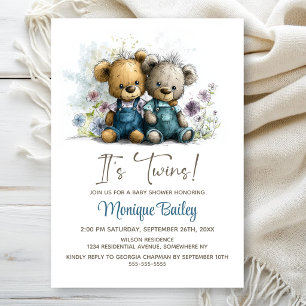 Adorable Teddy Bear Twins Baby Shower Invitation