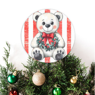 Adorable Teddy Bear with Christmas Wreath Classic Round Sticker