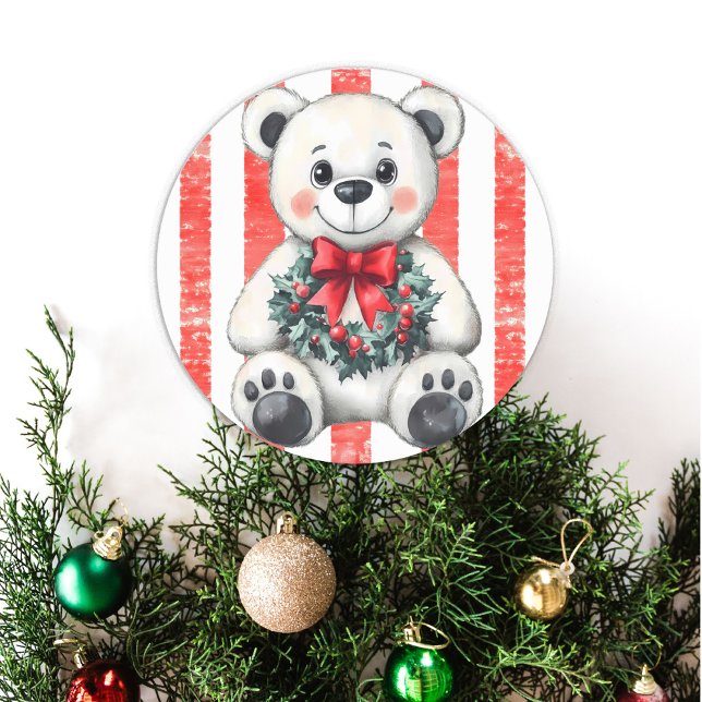 Adorable Teddy Bear with Christmas Wreath  Classic Round Sticker (Creator Uploaded)