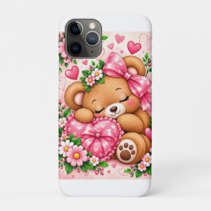 Adorable Teddy Bear with Pink Bow & Hearts Cute iPhone 11 Pro Case