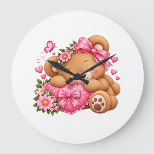 Adorable Teddy Bear with Pink Bow & Hearts Cute Large Clock