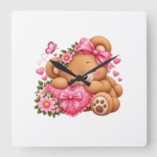 Adorable Teddy Bear with Pink Bow & Hearts Cute Square Wall Clock