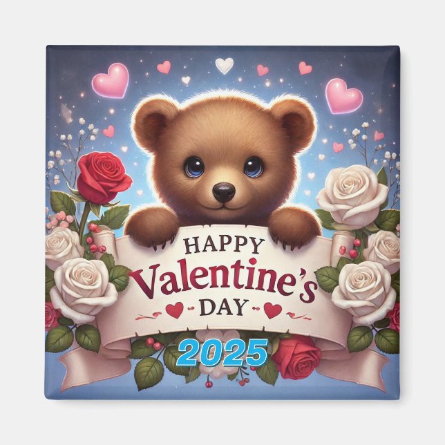 Adorable Teddy Bear with Roses Magnet (Front)