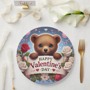 Adorable Teddy Bear with Roses Paper Plate