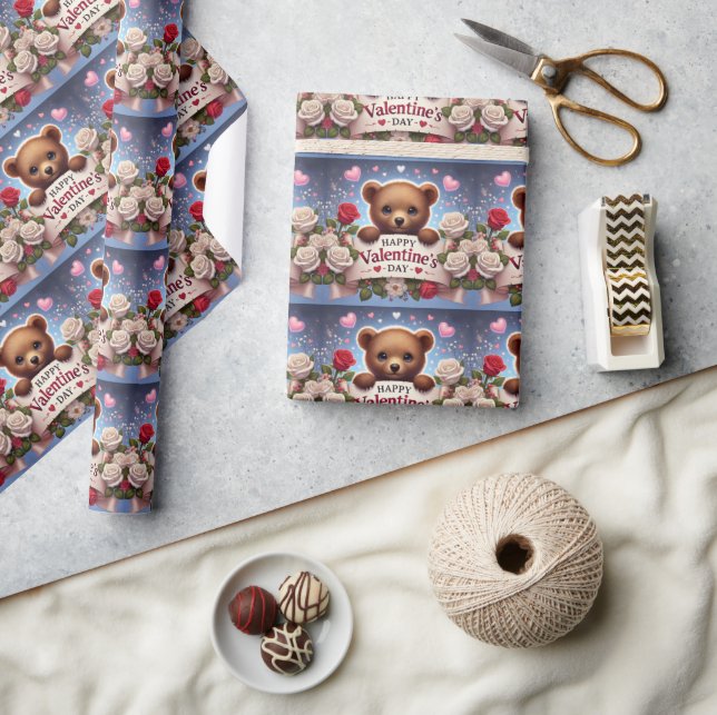 Adorable Teddy Bear with Roses Wrapping Paper (Crafts)