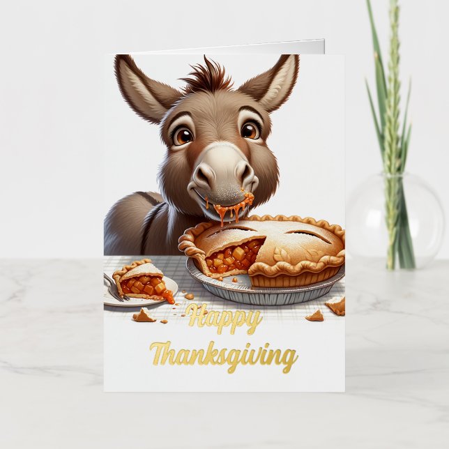 Adorable Thanksgiving Donkey with Pie Foil Greeting Card (Front)