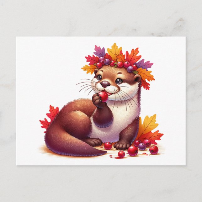 Adorable Thanksgiving Otter with Cranberries  Postcard (Front)