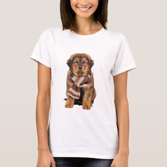 Adorable Tibetan Mastiff Puppy Wearing Knitted T-Shirt (Front)