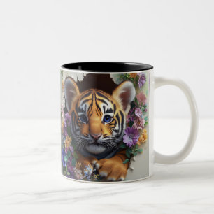 Adorable Tiger Cub Peeking Through Colourful Flora Two-Tone Coffee Mug