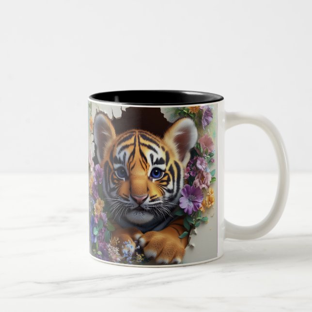 Adorable Tiger Cub Peeking Through Colourful Flora Two-Tone Coffee Mug (Right)