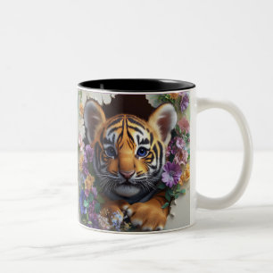 Adorable Tiger Cub Peeking Through Colourful Flora Two-Tone Coffee Mug