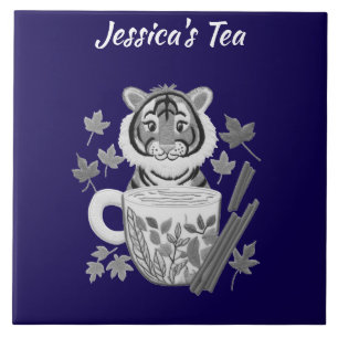 Adorable Tiger with Herbal Tea. Personalise Ceramic Tile