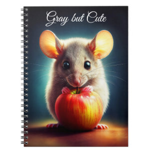 Adorable tiny rodent holding red apple close notebook
