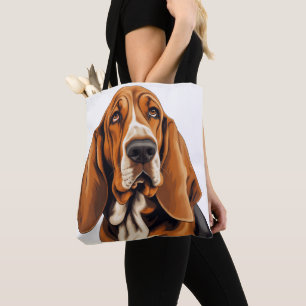 ADORABLE TRI-COLORED BASSET HOUND DOG TOTE BAG