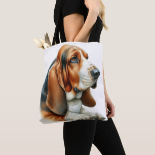ADORABLE TRI-COLORED BASSET HOUND DOG TOTE BAG