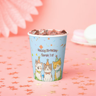 Adorable Trio of Birthday Cats Custom Name & Age Paper Cups