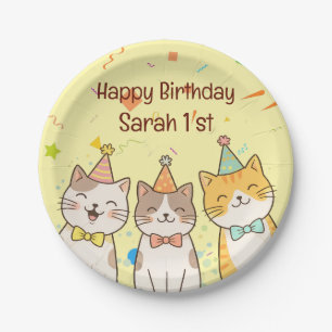 Adorable Trio of Birthday Cats Custom Name & Age Paper Plate