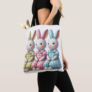 ADORABLE TRIO OF GINGHAM EASTER BUNNIES TOTE BAG