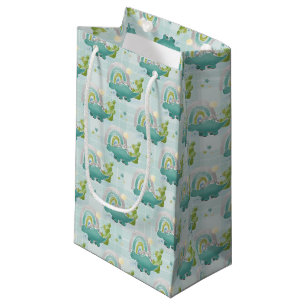 ADORABLE TURQUOISE DINOSAURS & RAINBOWS SMALL GIFT BAG