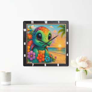 Adorable Turtle Beach Sunset Square Wall Clock