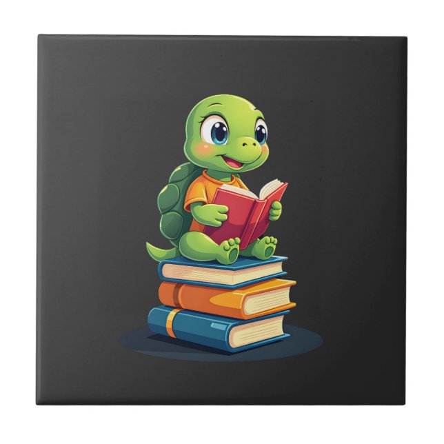 Adorable Turtle Reading Books (1) Ceramic Tile (Front)