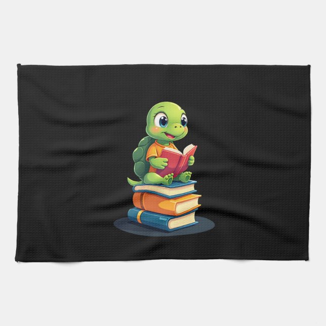 Adorable Turtle Reading Books (1) Tea Towel (Horizontal)