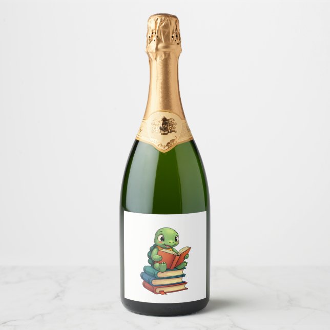 Adorable Turtle Reading Books (3) Sparkling Wine Label (Front)