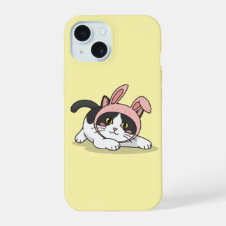 Adorable Tuxedo Cat in Pink Bunny Hat Aesth iPhone 15 Case