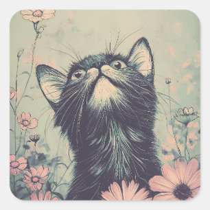 Adorable Tuxedo Kitten and Flowers Square Sticker