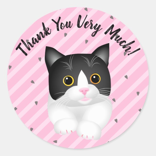 Adorable Tuxedo Kitten Thank You Classic Round Sticker (Front)