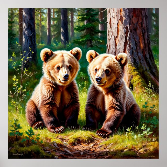Adorable Twin Bear Cubs in a Sunlit Forest Clearin Poster (Front)