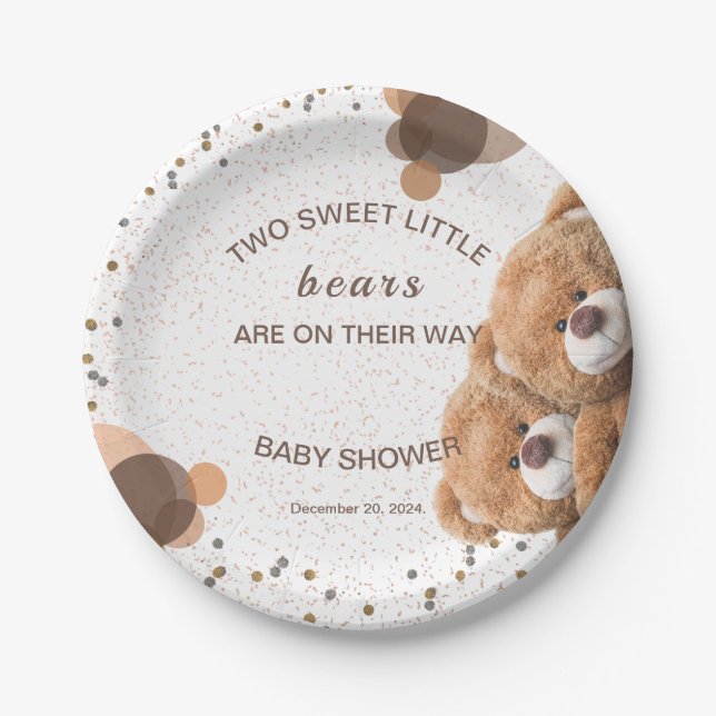 Adorable Twin Bears Baby Shower Paper Plate (Front)